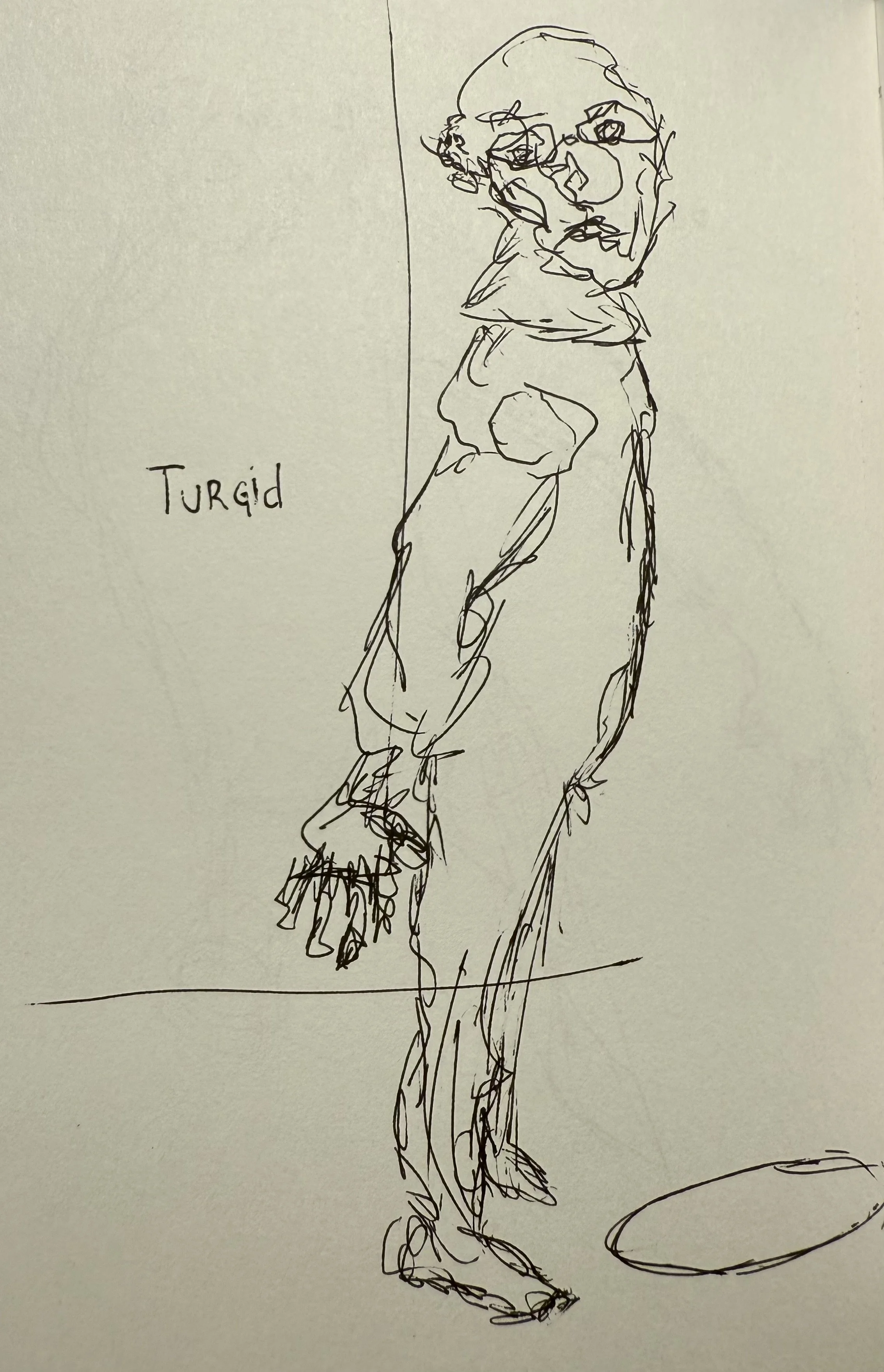 Line drawing of a person wearing glasses and a hoodie, standing on one leg with the other slightly bent. The person appears to be fishing or holding a rod, with a small round object at their feet. The word 'Turgid' is written on the left side of the image.
