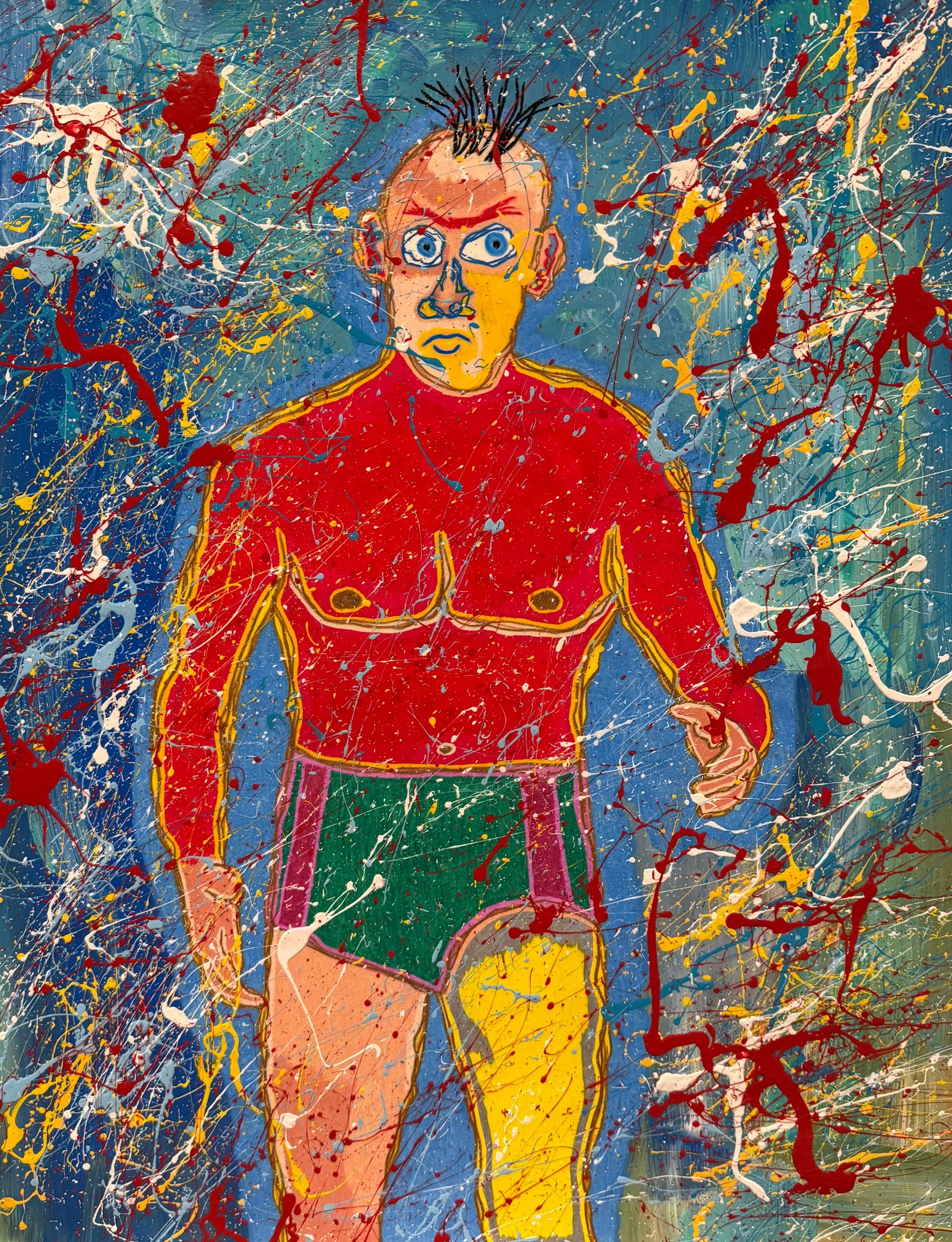 Abstract painting featuring a cartoonish male figure with one eye, dressed in a red top and multicolored pants, against a vivid splattered background of red, yellow, white, and blue paint.