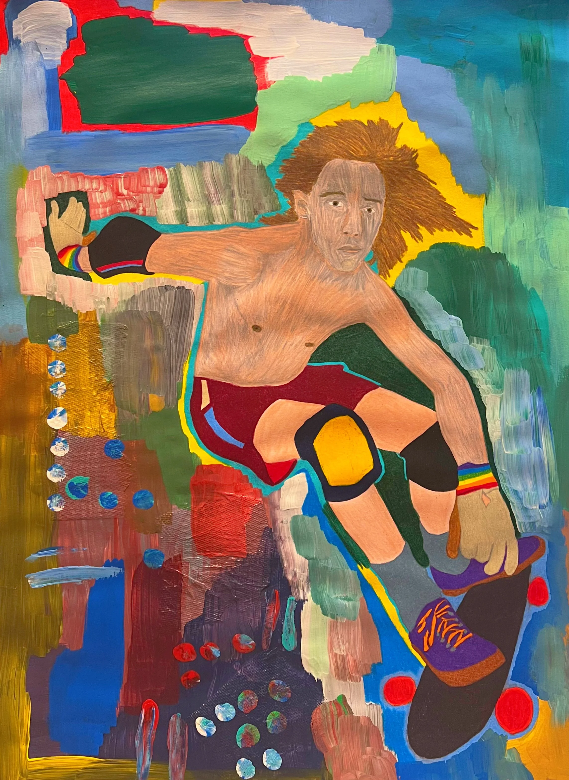 A colorful painting of a shirtless man with brown hair, wearing red shorts, purple sneakers with orange laces and rainbow socks, surrounded by vibrant abstract shapes and splashes of color.