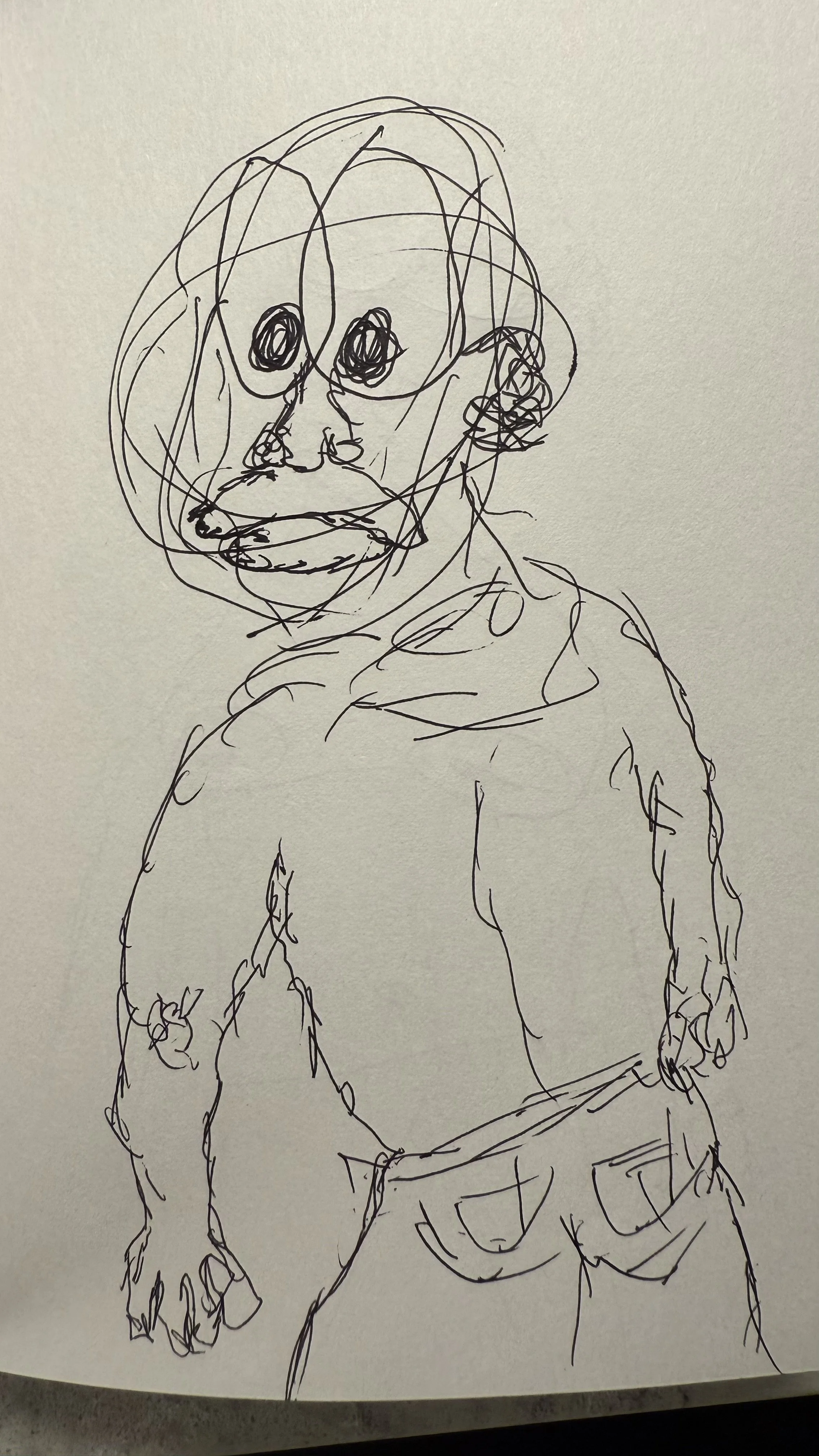 A sketch of a person with exaggerated facial features, including large eyes, lips, and ears, drawn with loose, continuous lines.