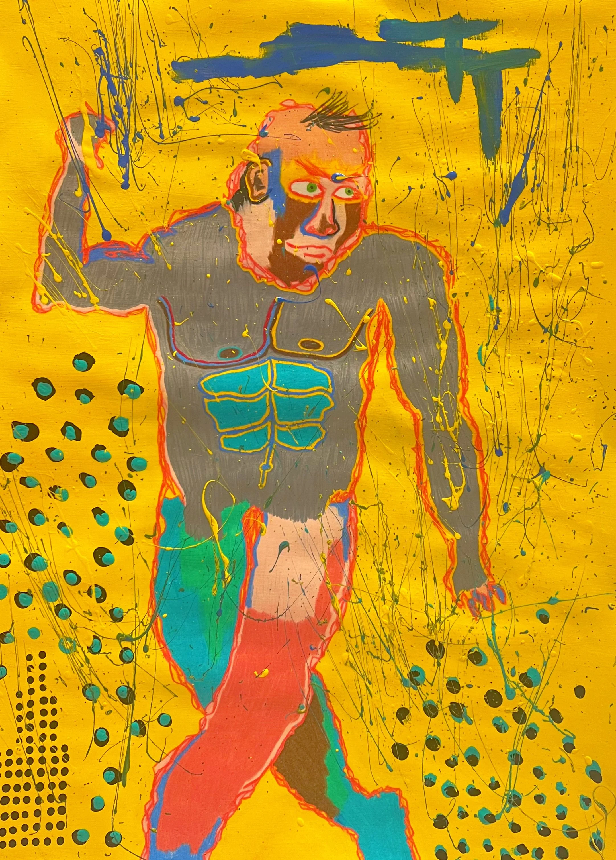 A colorful abstract painting of a muscular man with a beard, green eyes, and short hair, against a yellow background with splashes of blue, green, and black paint, including a large blue cross.