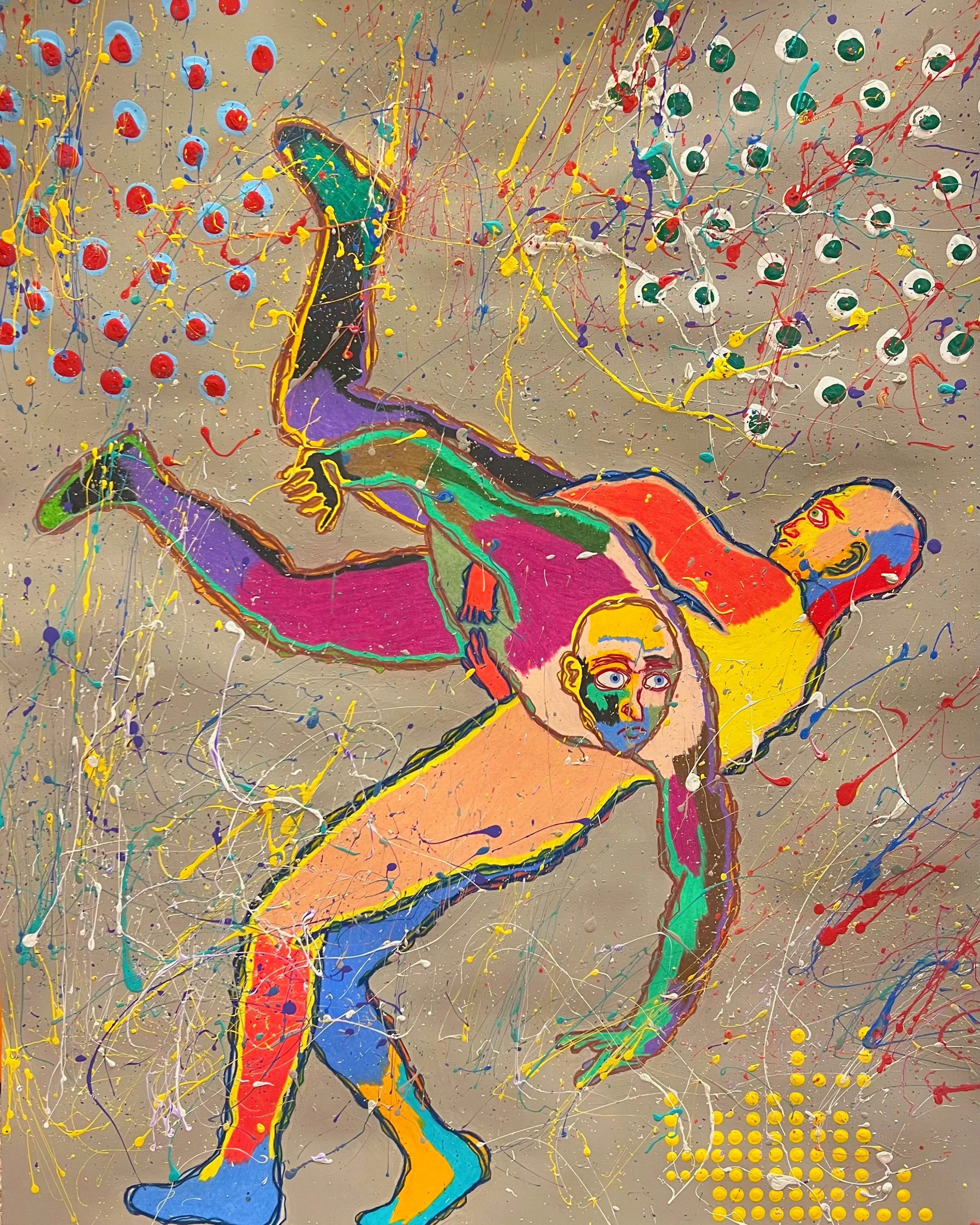 A colorful abstract painting of a woman with long hair, lying on her back and reaching upwards, created with splatters and thick paint strokes, featuring bright colors such as red, blue, yellow, green, purple, and black on a gray background.