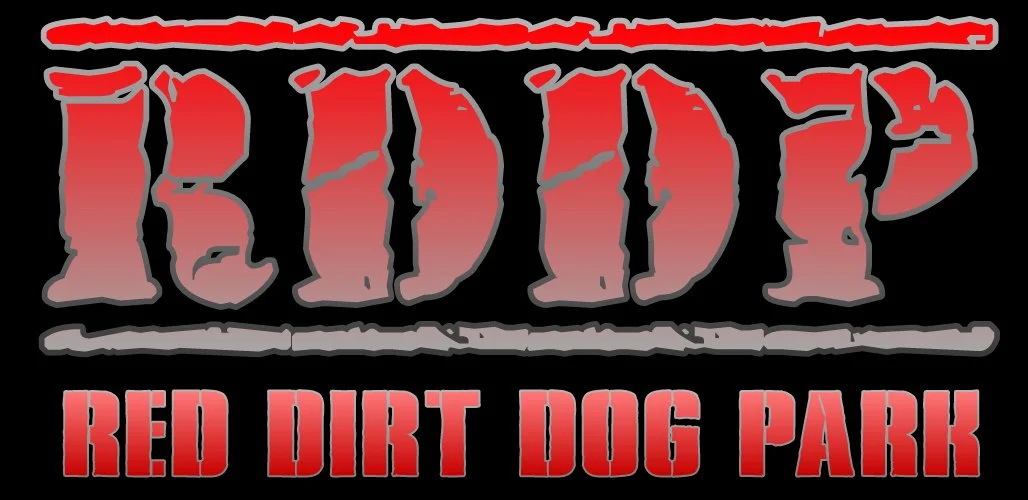 Logo for Red Dirt Dog Park with stylized text in black, gray, and red referencing 'Red Dirt' and 'Dog Park'.