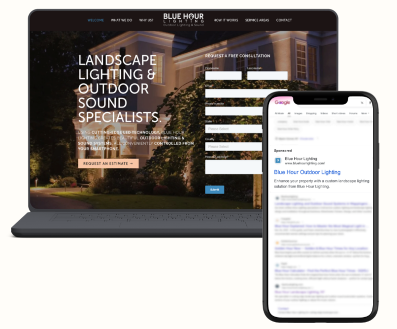 Mockup of search-optimized marketing campaign landing page and mobile mockups of paid search advertisement results