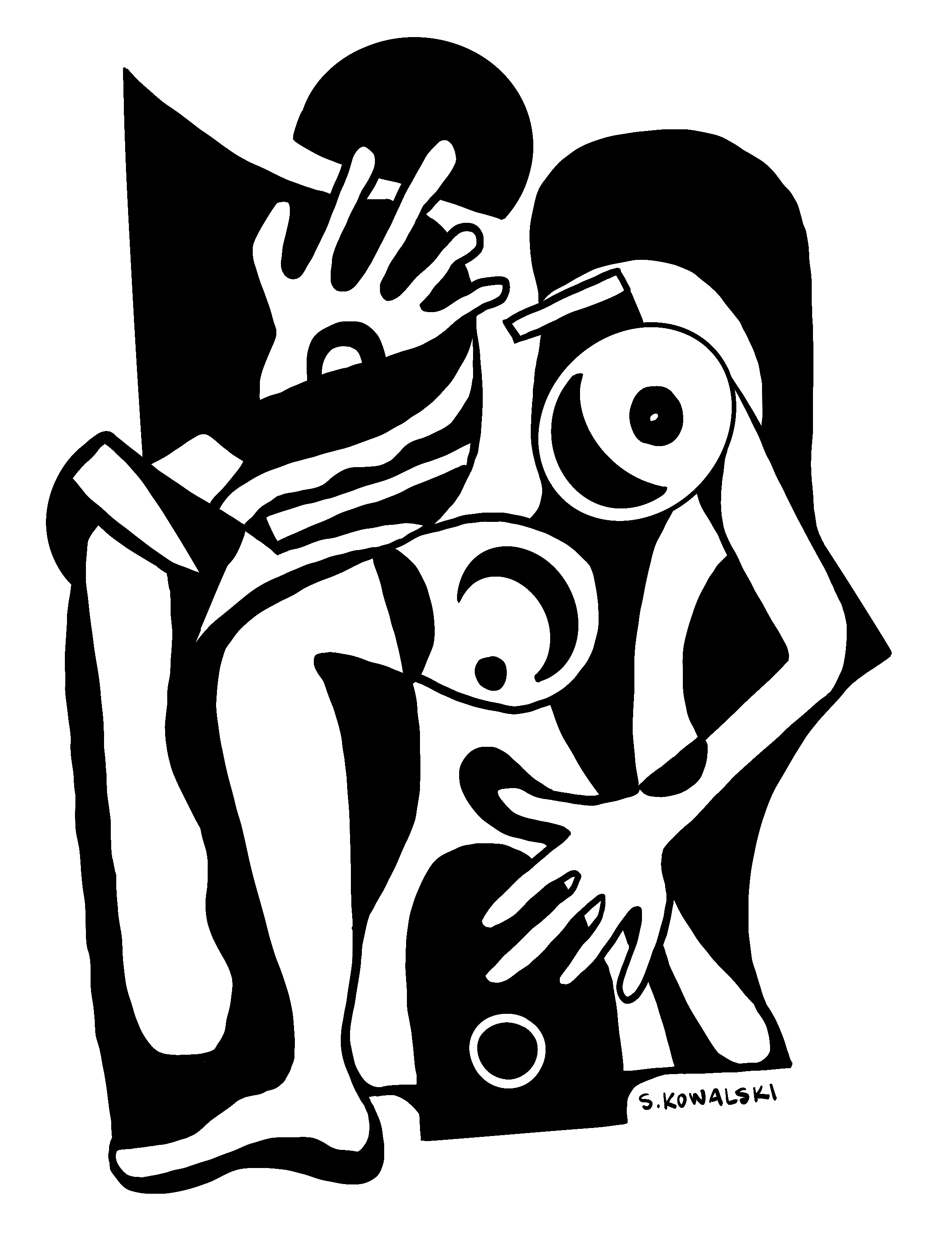 Black and white abstract line drawing of a person with an eye patch, holding a cigarette to their mouth, with the name S. Kowalski at the bottom right.