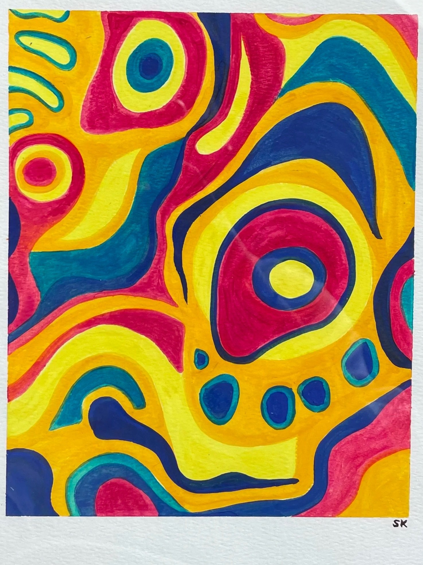 Abstract colorful painting with concentric circles and wavy shapes in red, yellow, blue, and green, signed with initials SK.