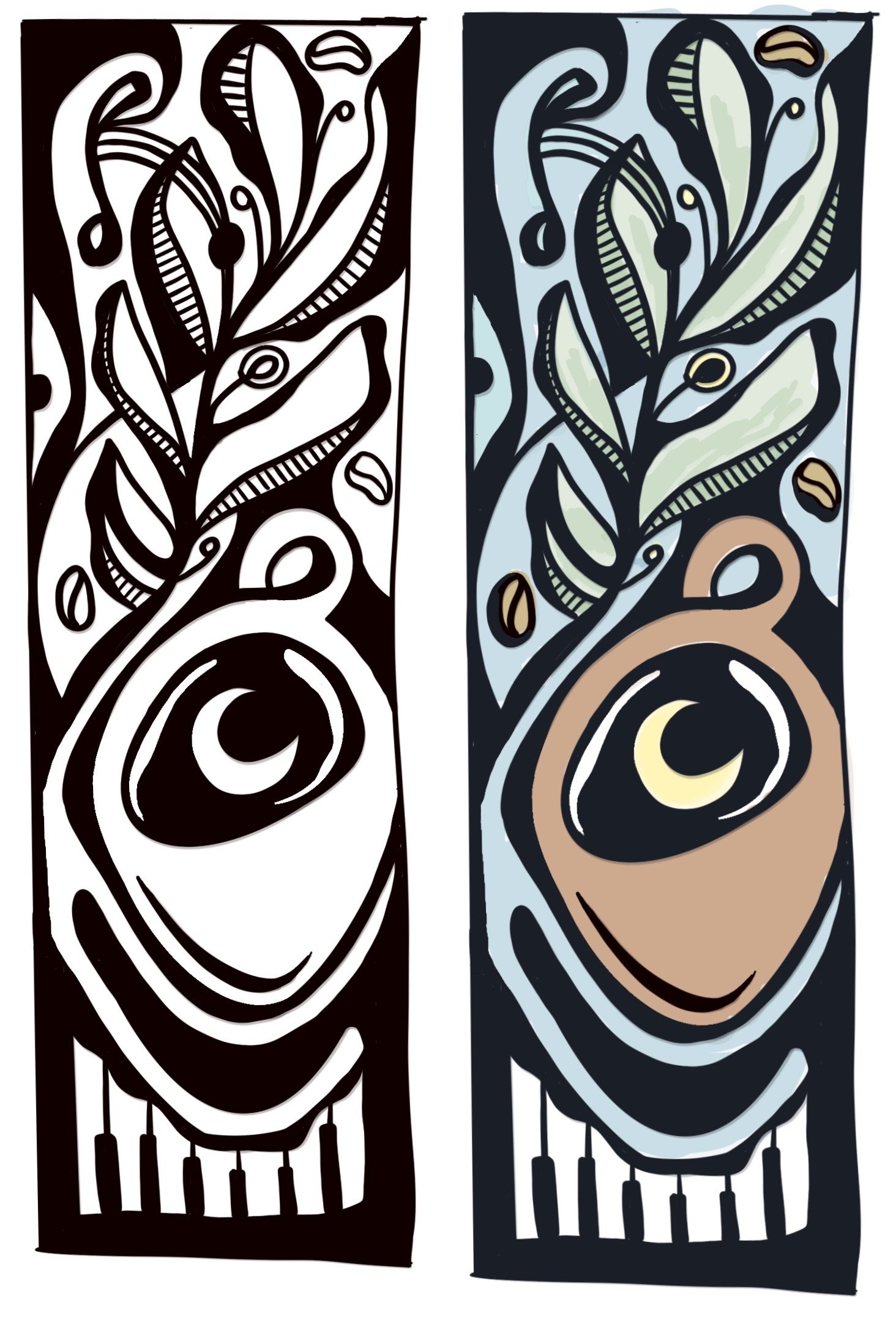 Side-by-side artistic illustrations of a dreamcatcher, one in black and white and the other in color, featuring a circular web, feathers, and beads.