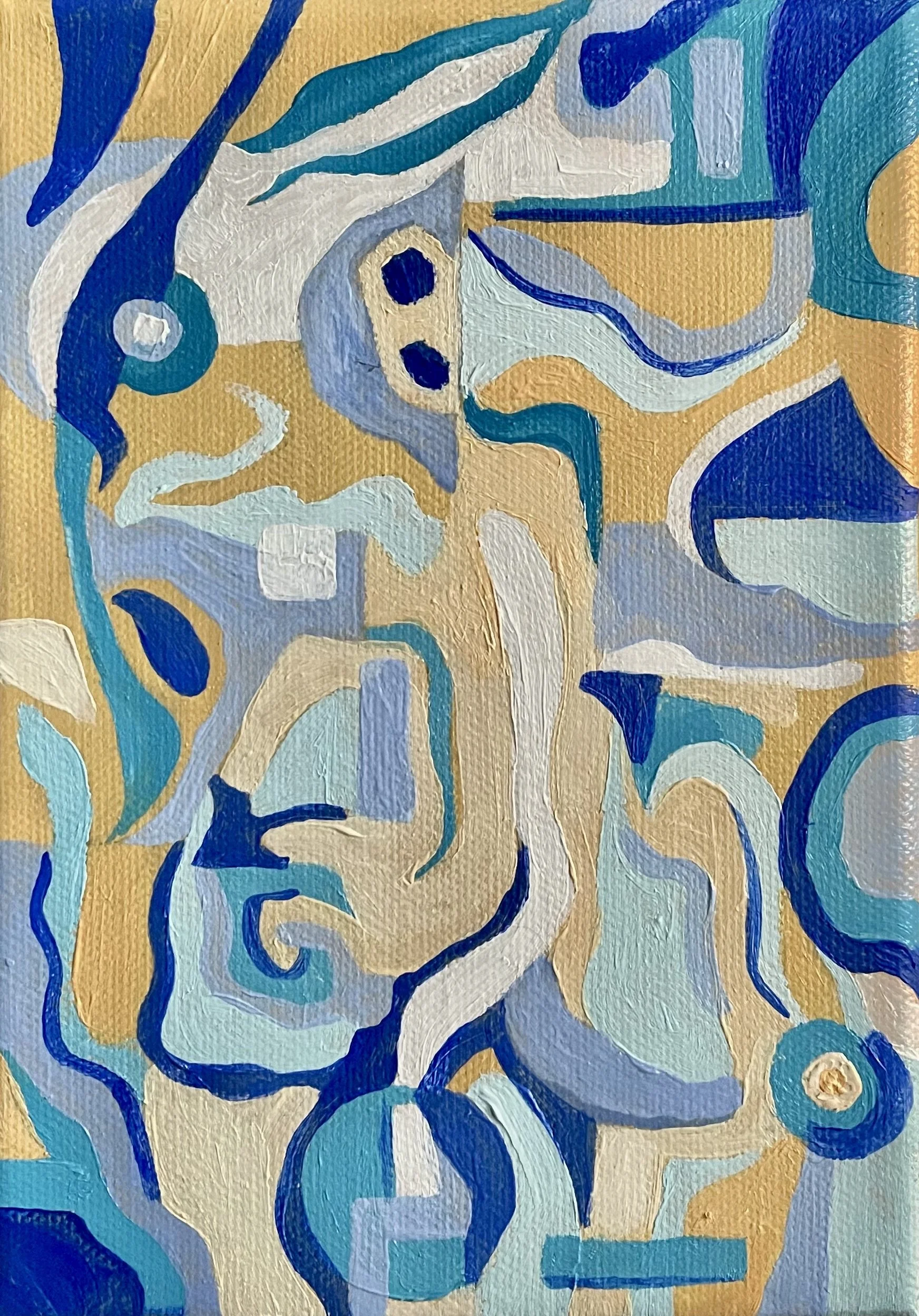 Abstract painting with blue, white, yellow, and aqua swirling shapes and lines.