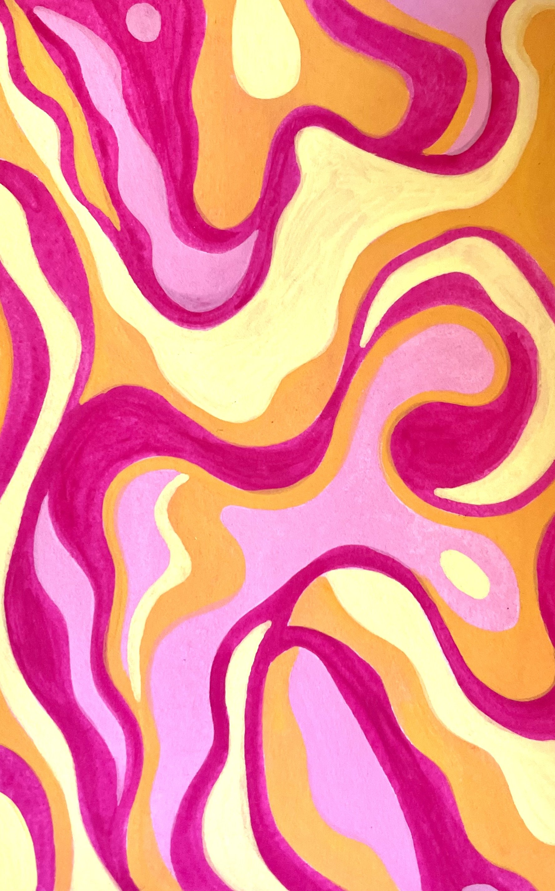 Abstract painting with swirling, flowing lines in shades of pink, yellow, orange, and purple.