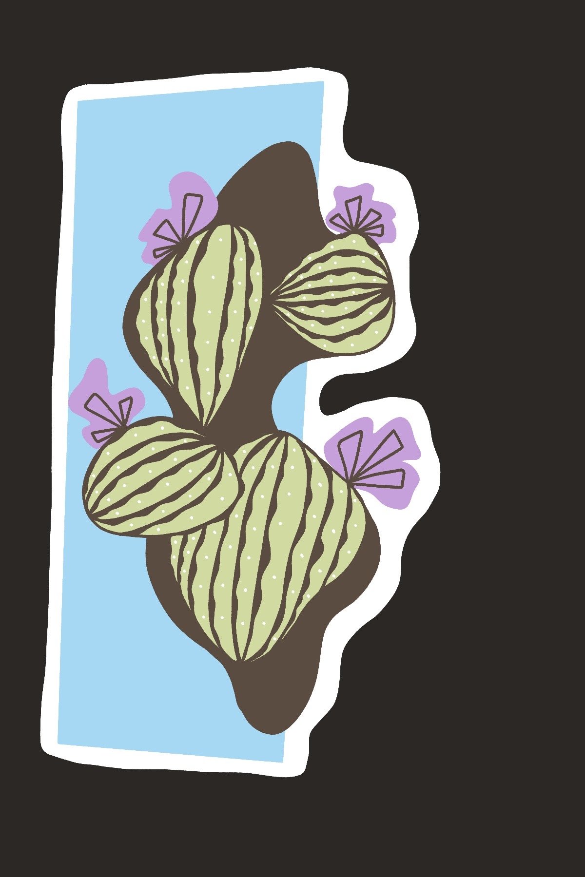 Digital illustration of a cactus plant with purple flowers on a black background, with a blue rectangle behind the cactus.