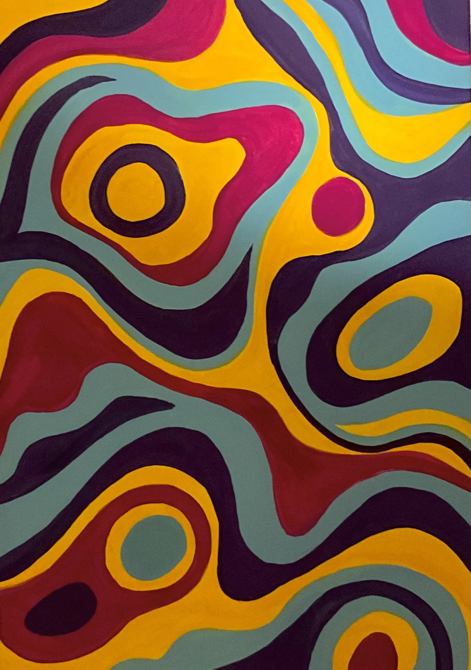 Abstract painting with colorful swirling lines in yellow, red, purple, light blue, and black.