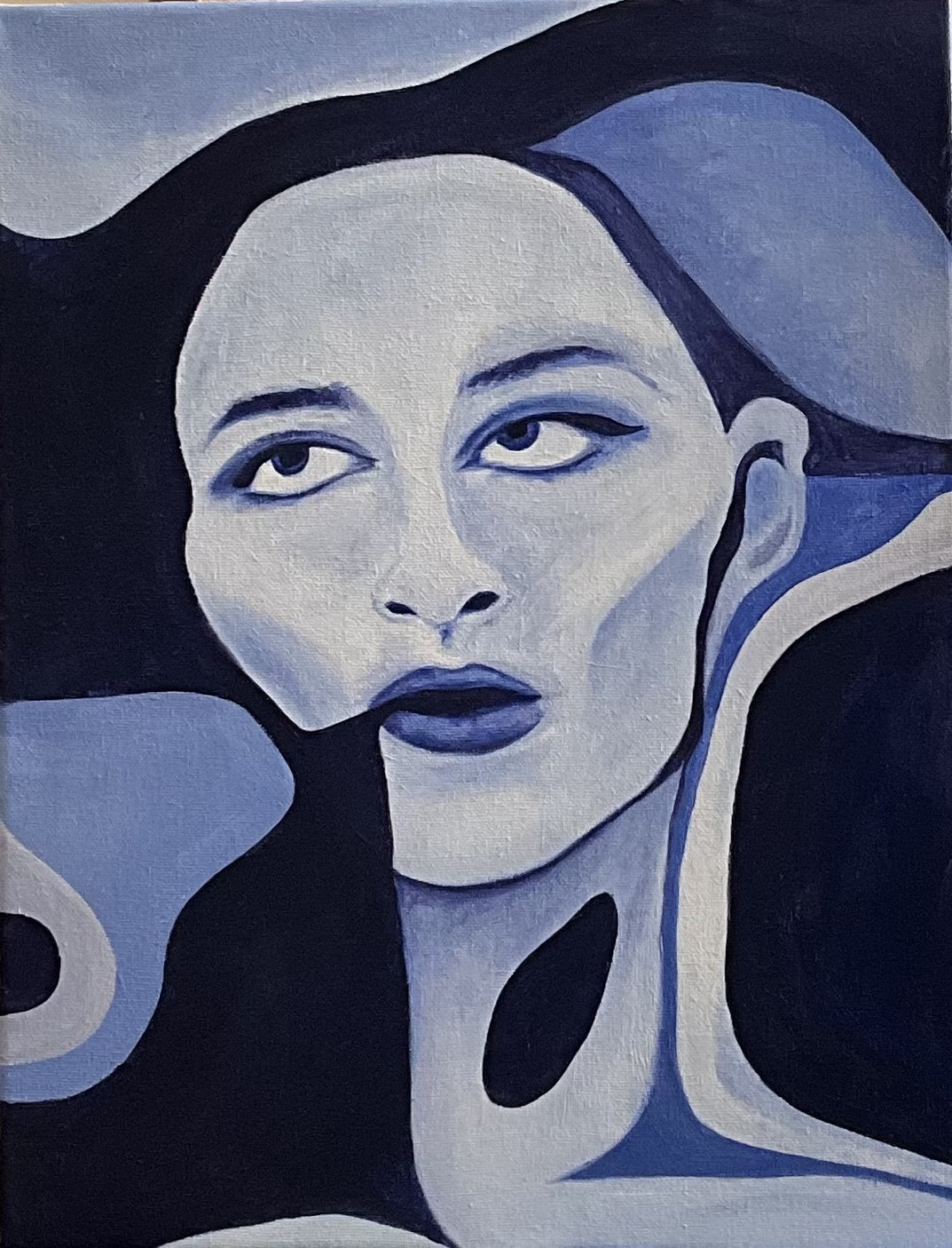 A monochromatic portrait painting of a woman with long flowing hair, bold makeup, and a contemplative expression.