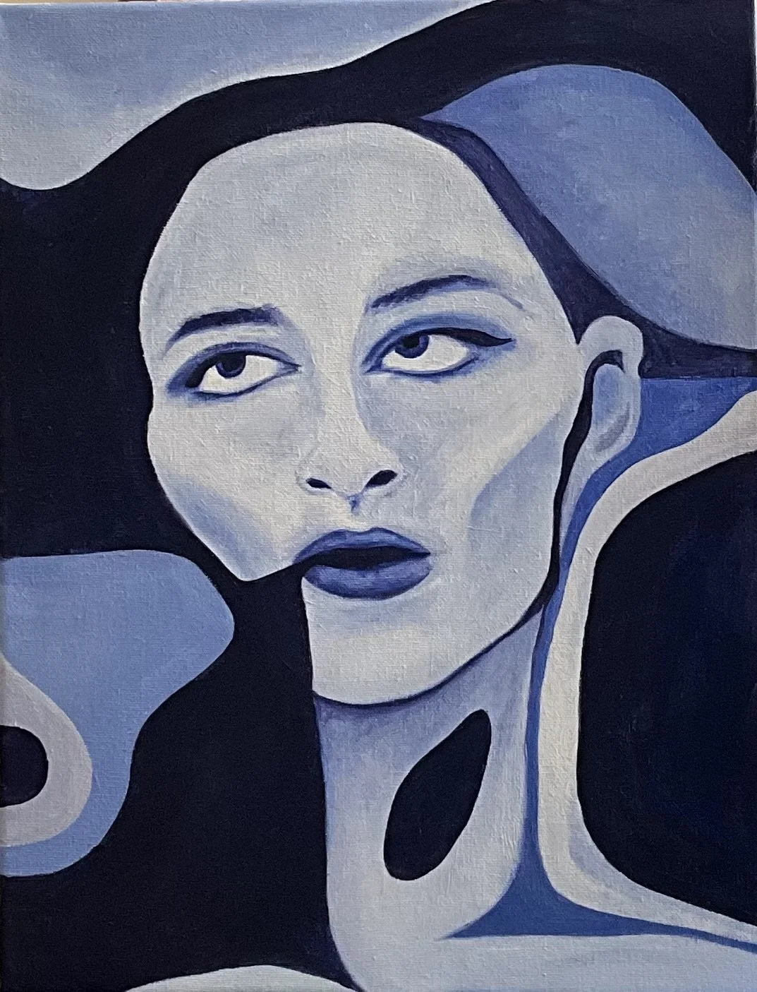 A monochromatic painting of a woman's face with flowing hair, dark lips, and striking eyes.