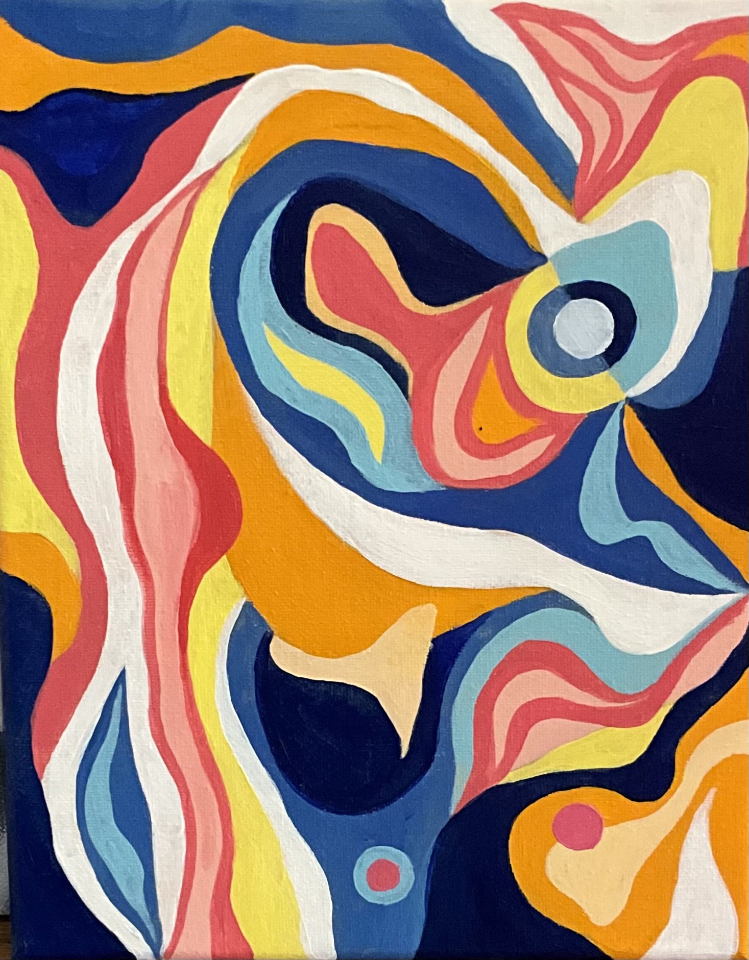 Abstract colorful painting with swirling patterns in shades of blue, yellow, pink, and white.