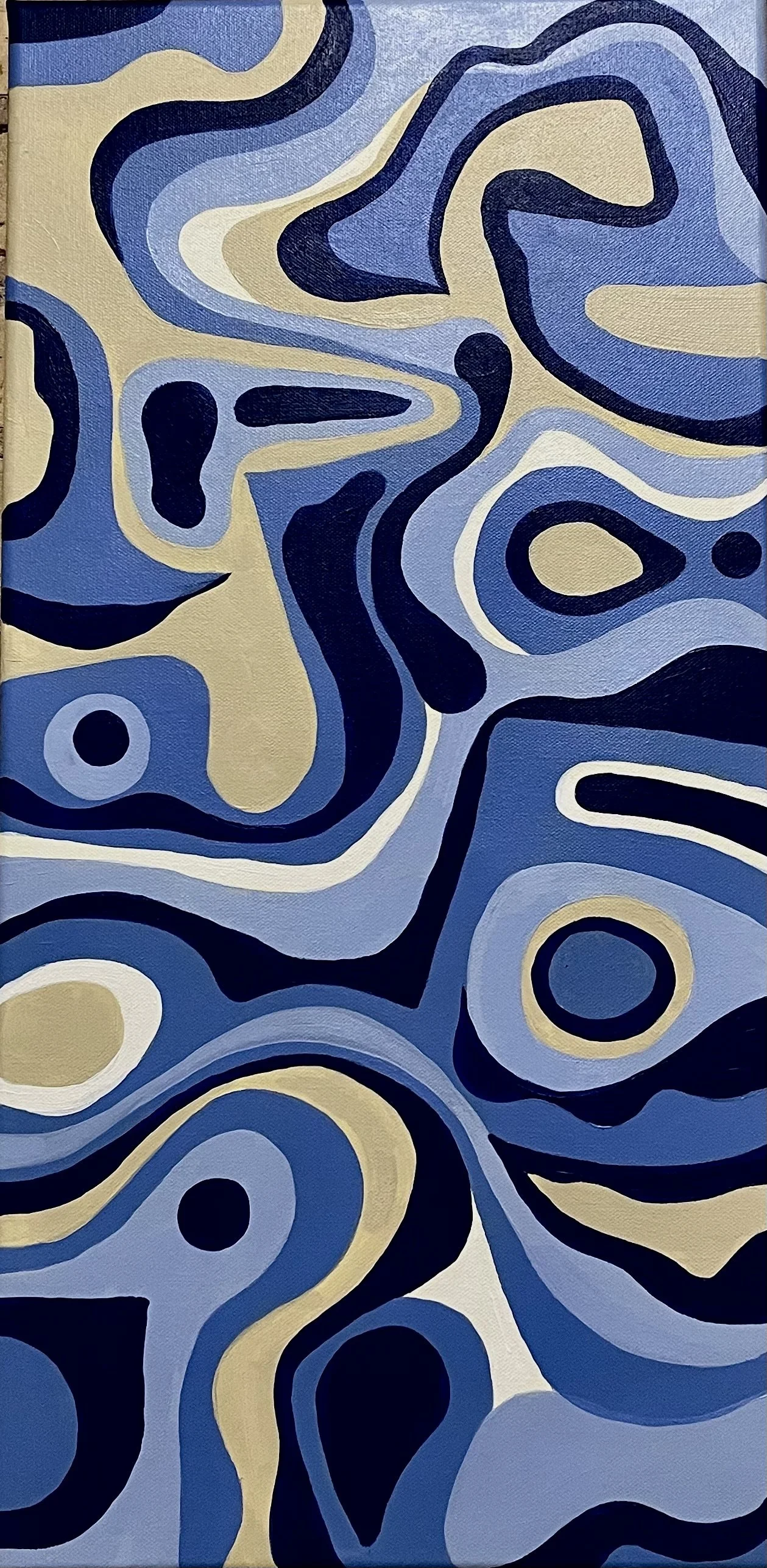 Abstract painting with swirling shapes and concentric circles in shades of blue, beige, black, and off-white.