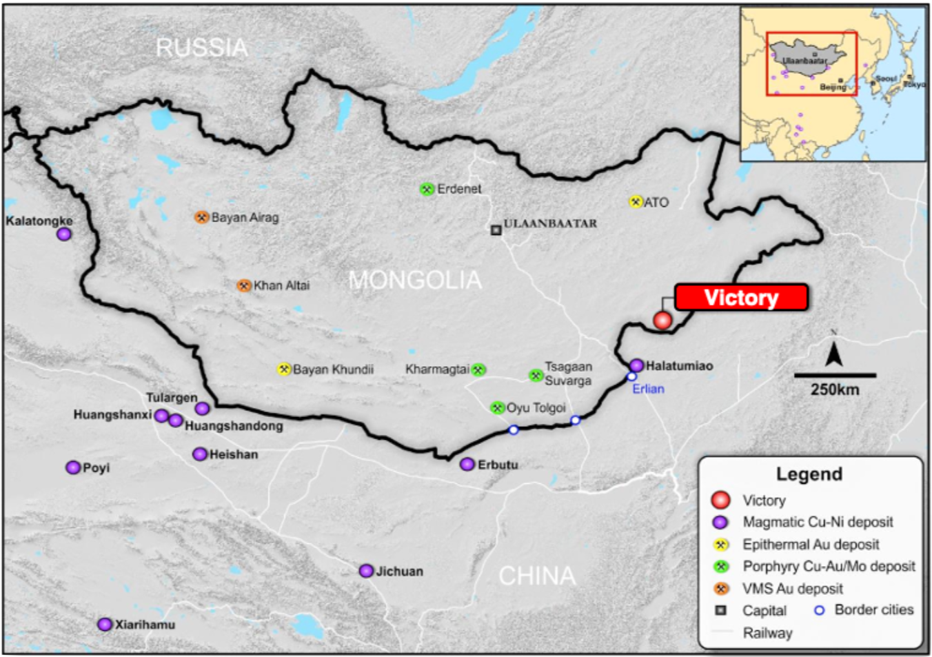 Map of Mongolia highlighting a recent victory, showing various mineral deposits including magmatic Cu-Ni, epithermal Au, porphyry Cu-Au/Mo, and VMS Au deposits, with key cities, railways, and borders indicated.