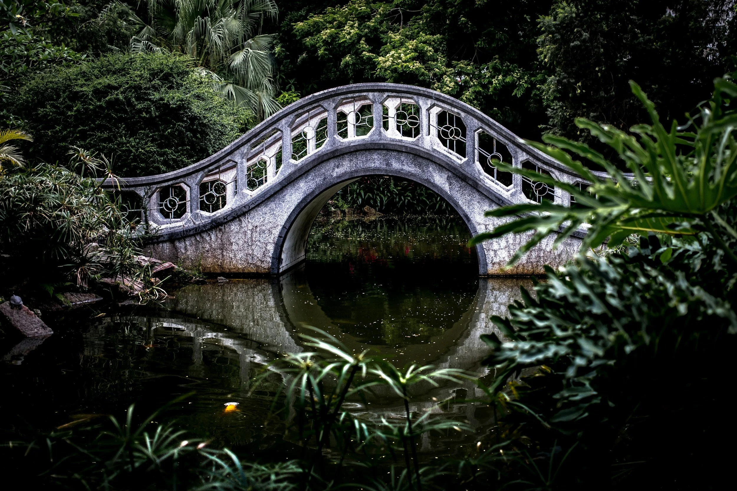 A stone arched footbridge with decorative railings over a calm pond surrounded by lush green plants and trees.