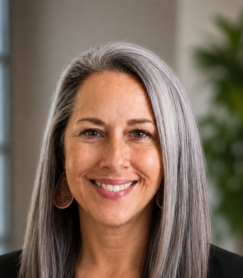 A woman with long gray hair, smiling, wearing earrings and a dark blazer, indoors with a blurred background of a plant.