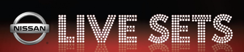 Nissan logo with text 'LIVE SETS' in dotted pattern on a dark background.