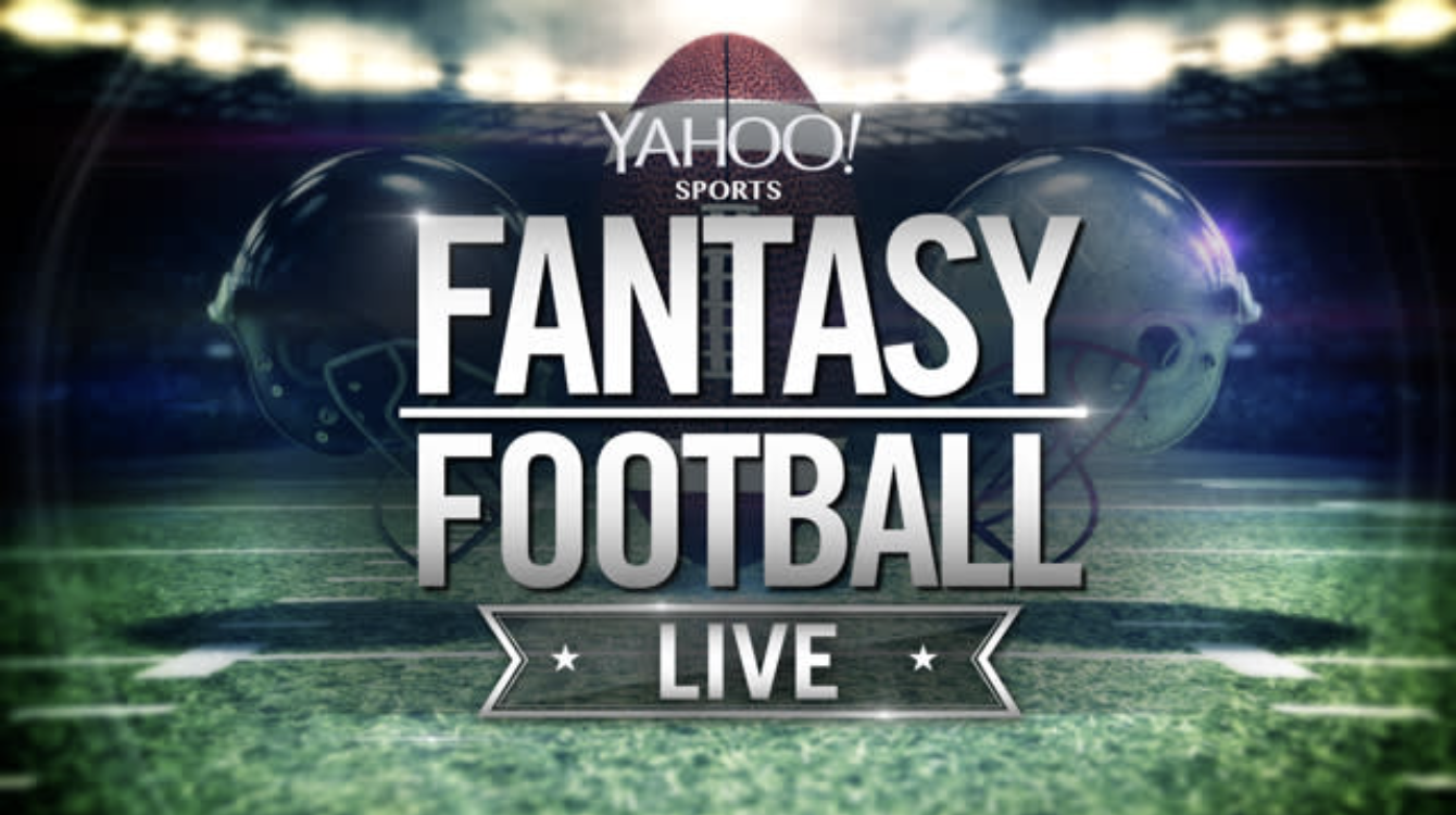 Logo for Yahoo Sports Fantasy Football Live featuring football helmets on a stadium field.