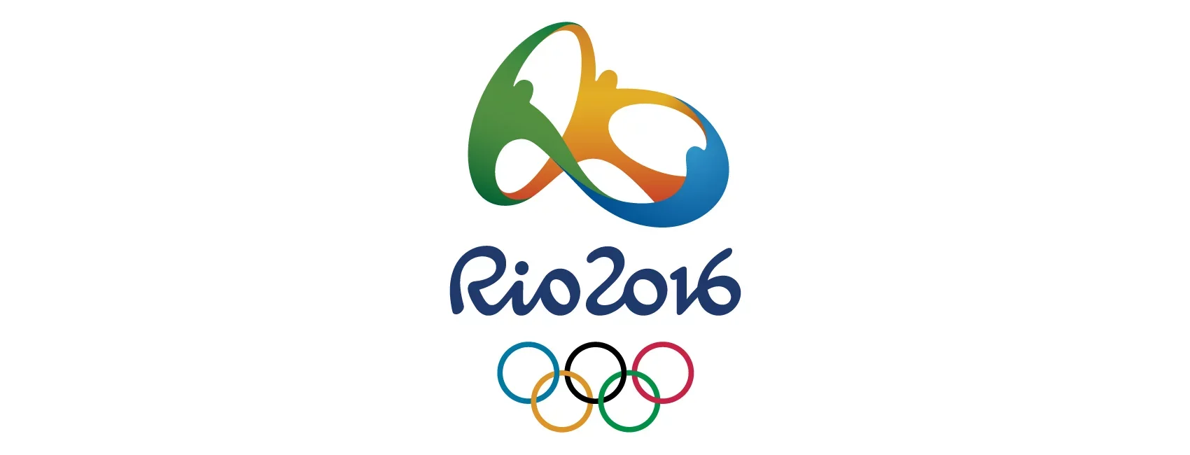 Rio 2016 Summer Olympics logo with colorful abstract shape, Roman numerals, and five interlinked rings.