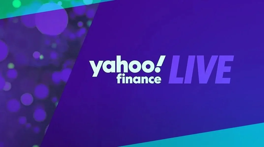 Yahool! Finance Live logo on a purple and blue background with bokeh effects.