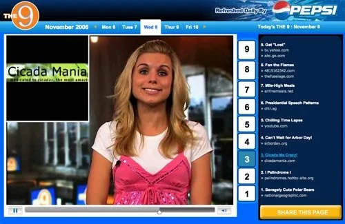 A young woman with long blonde hair wearing a white t-shirt and a pink dress, smiling at the camera. The background appears to be a news or TV set with a blue sidebar listing content titles and a Pepsi logo at the top.