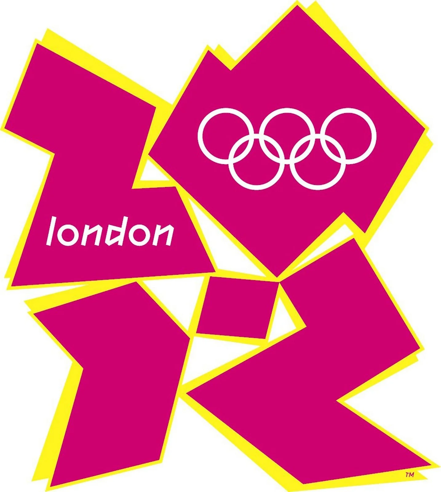 Colorful collage of pink geometric shapes with yellow borders, featuring the Olympic rings and the word 'London' in white text.