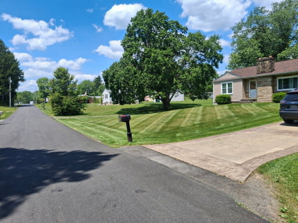 A suburban street with a house, a driveway, a mailbox, and a backyard with trees and a lawn under a partly cloudy sky.