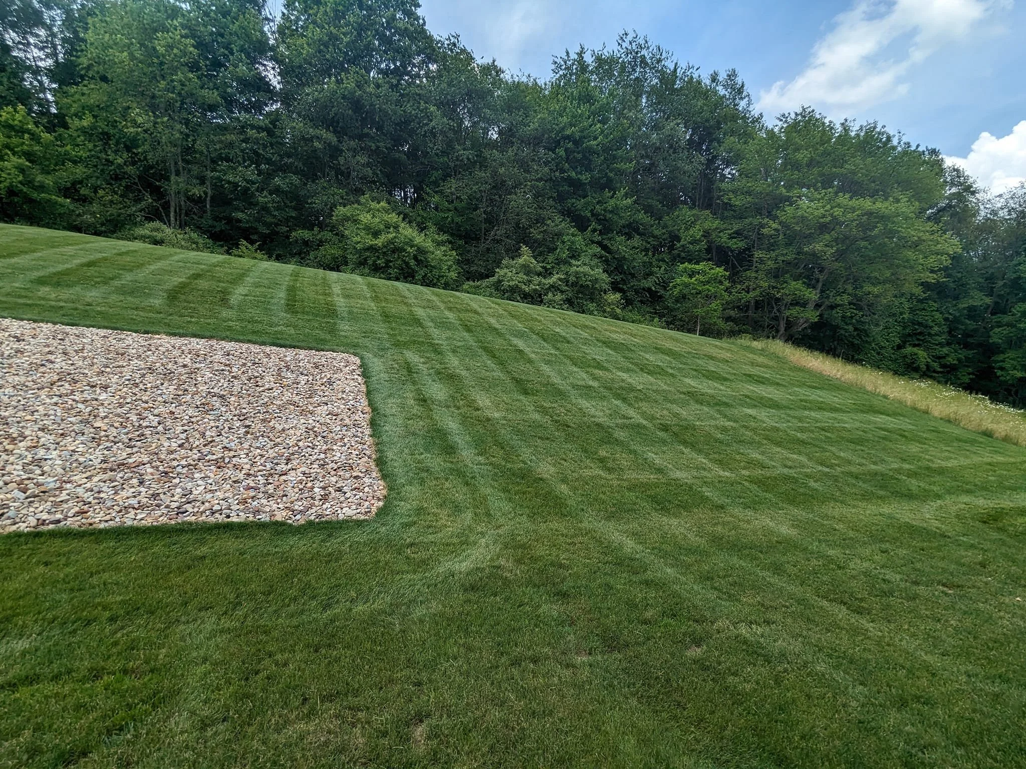 A well-maintained green lawn with freshly mowed grass, adjacent to a gravel area, and a dense line of trees in the background under a partly cloudy sky.