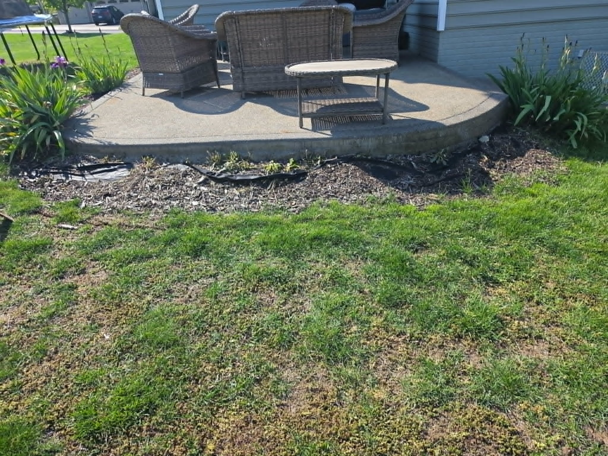 A backyard patio area with wicker furniture including a three-seater sofa, a single chair, and a small table, surrounded by green grass and planted flowers.