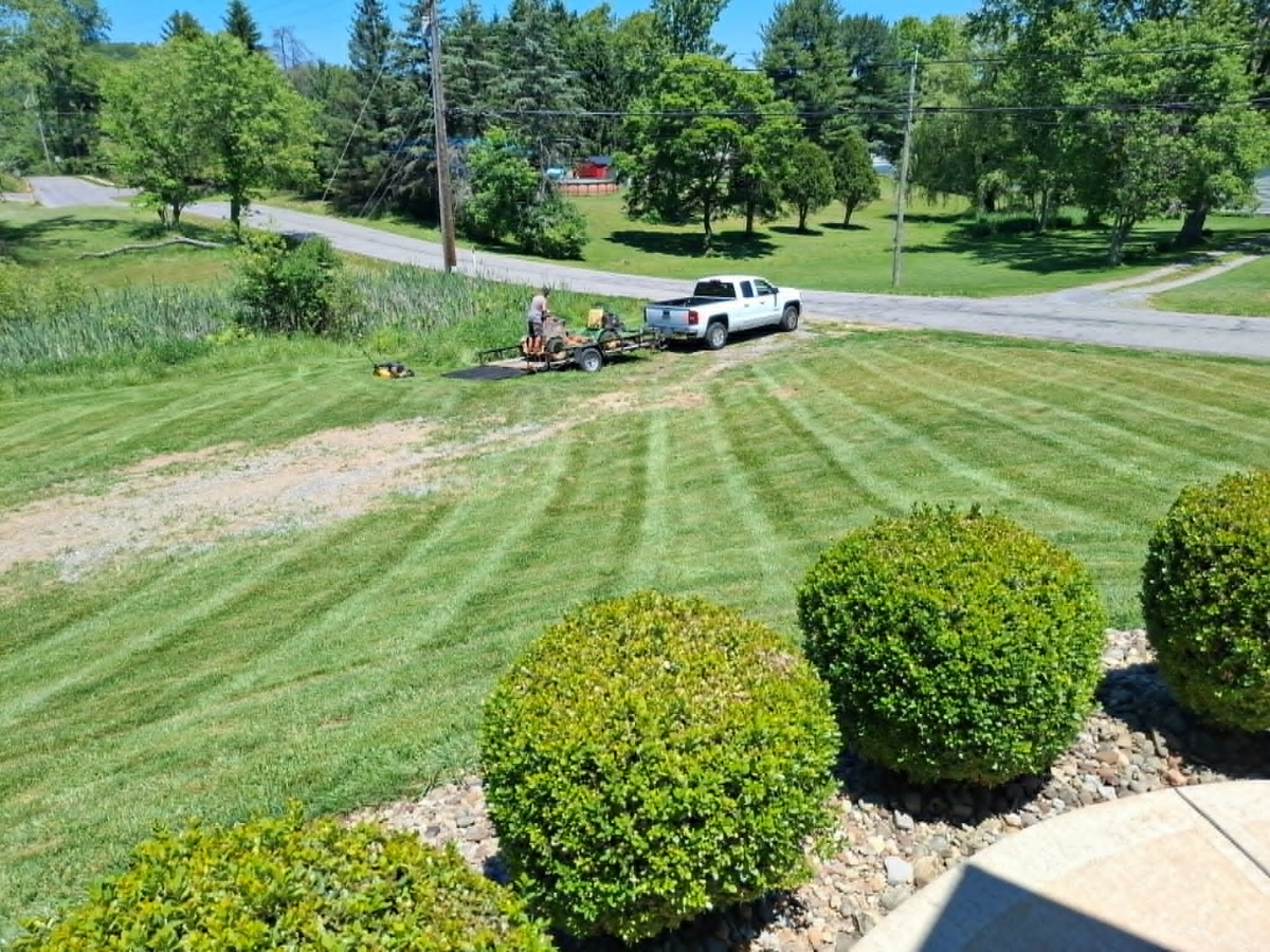 A person mowing a lawn with a riding mower, parked next to a white pickup truck on a grassy area with trees and a paved road in the background.