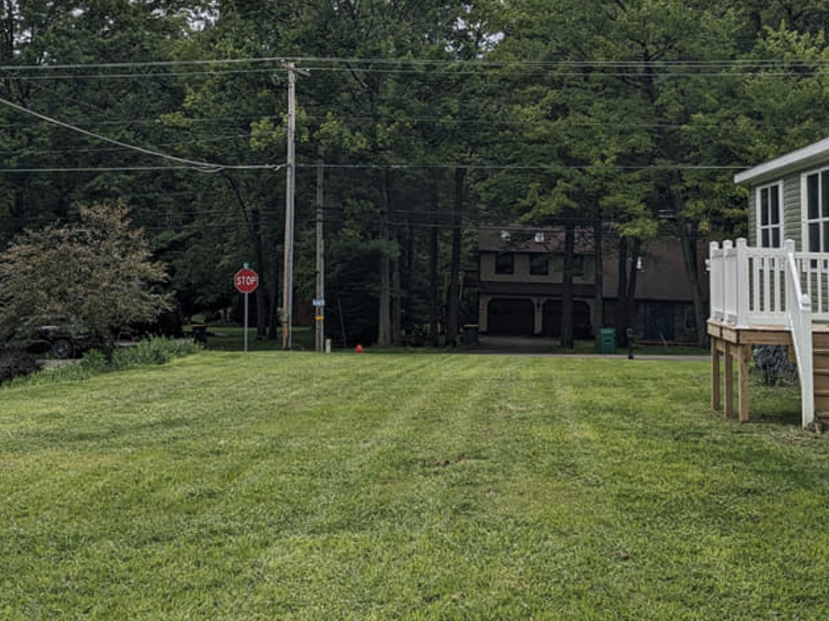 A suburban backyard with a well-maintained grassy lawn, a white deck on the right, and trees in the background. A stop sign and utility poles with wires are visible in the distance.