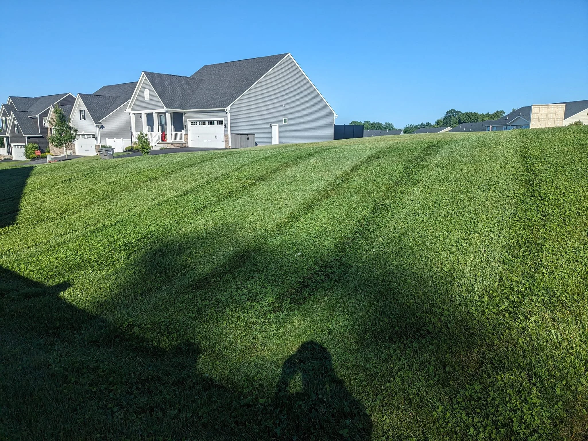 A row of suburban houses with garages and front porches, and a grassy hill in the foreground on a clear, sunny day.