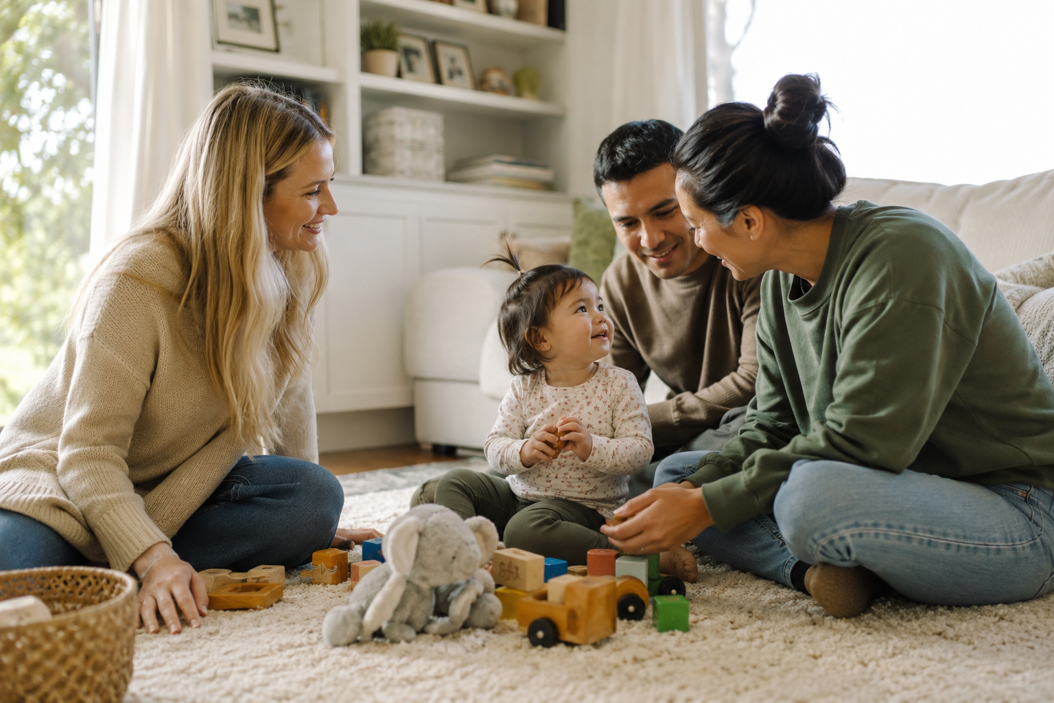 A family of four, including a young toddler girl, is playing with toys on a beige carpet in a bright living room, smiling and interacting with each other.