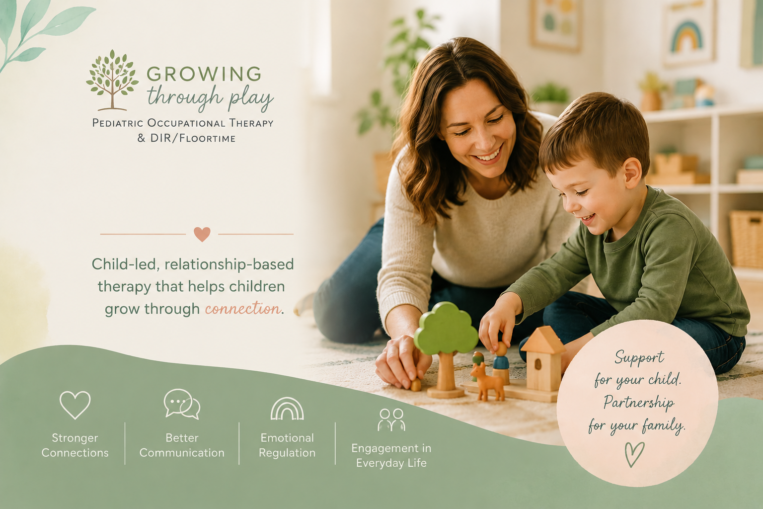 A woman and a young boy playing with toy trees, animals, and houses on the floor in a bright, organized room, promoting child-led, relationship-based therapy for children