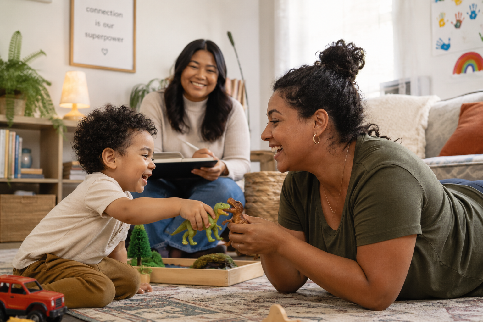 A woman and a young boy playing with dinosaur toys on the floor, smiling and laughing. In the background, another woman watches and smiles, sitting on a couch in a cozy living room with houseplants, a lamp, and children's artwork.