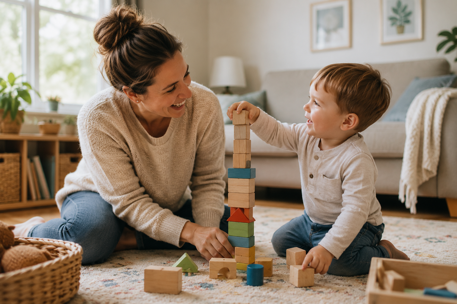 A woman and a young boy playing with wooden blocks on a carpeted floor in a cozy living room, building a tall tower together and sharing a happy moment.
