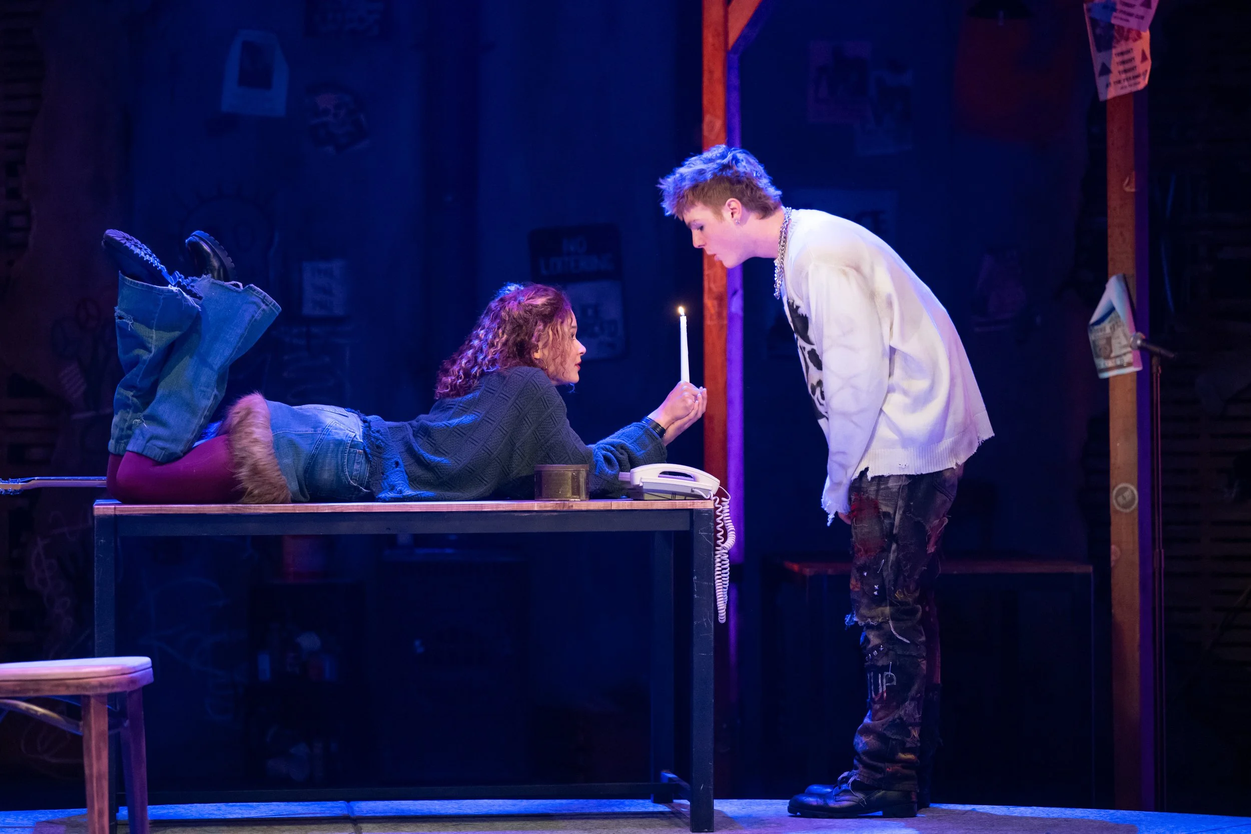 Roger (Nathan Adams) blows out Mimi's (Eliana Thomas) candle - Live Flame