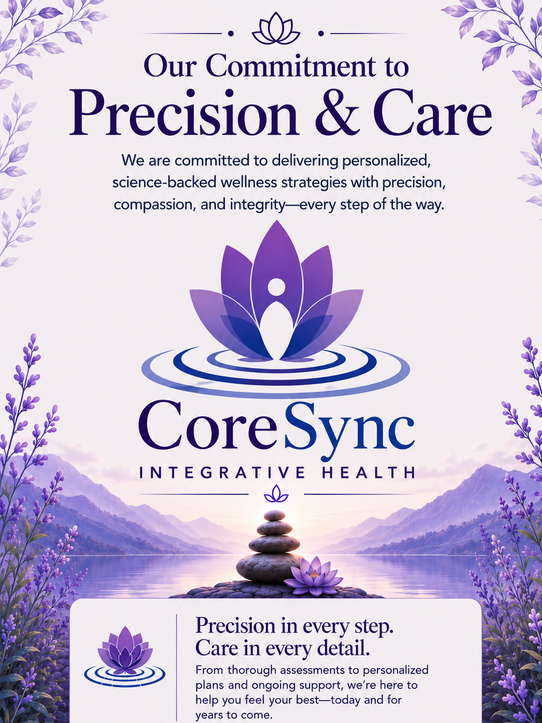 A promotional flyer for CoreSync Integrative Health with a lavender and purple color scheme. It features a logo with a lotus flower and a person icon, and a mountain lake background with stone stacks and lavender flowers.
