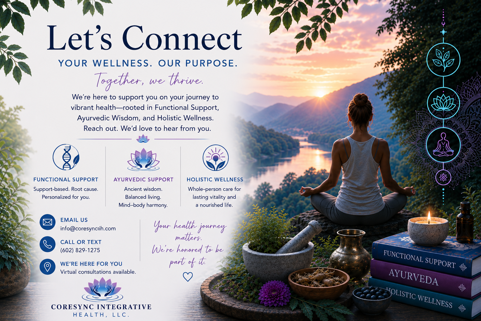 A promotional image for a health and wellness service, featuring a woman practicing meditation at sunrise over a scenic mountain and river view, with herbal medicine, candles, and wellness books in the foreground, along with icons representing functional support, Ayurvedic support, and holistic wellness.
