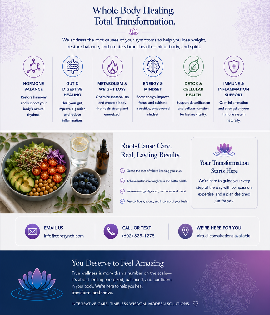 Hormone balance, gut healing, digestive healing, metabolism, weight loss, energy, detox, cellular health, immune support, inflammation support, root cause, transformation