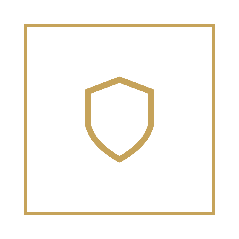Black background with a gold border and a gold shield icon in the center.