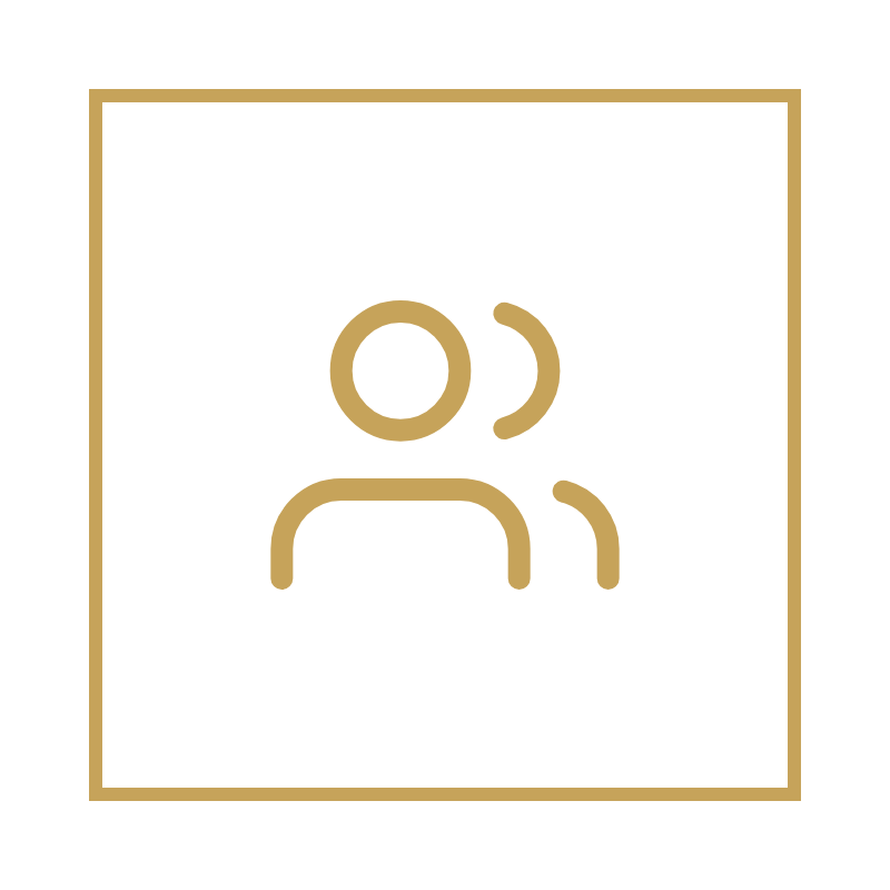 Icon of two people, one with a shoulder bag, on a black background with a gold border.