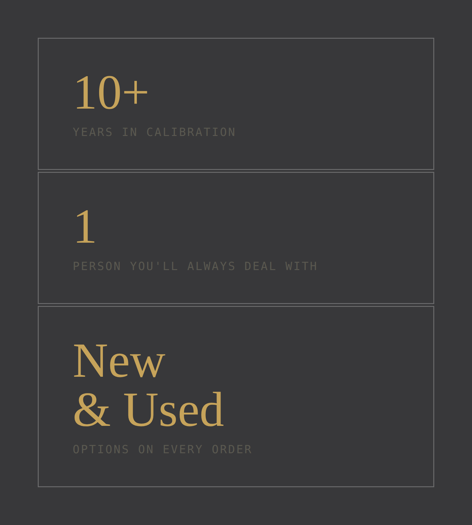 Text on a dark background indicating over ten years of calibration experience, with a focus on used and new equipment, and options available with each order.