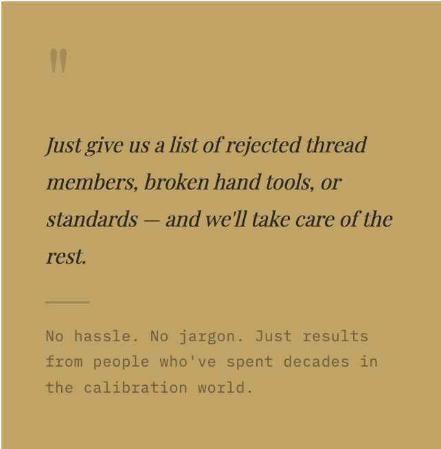 Quote about calibration and rejection criteria from experienced professionals, with a beige background and dark text.