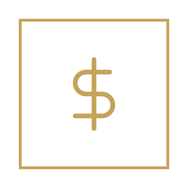 Gold dollar sign symbol inside a gold frame on a white background.