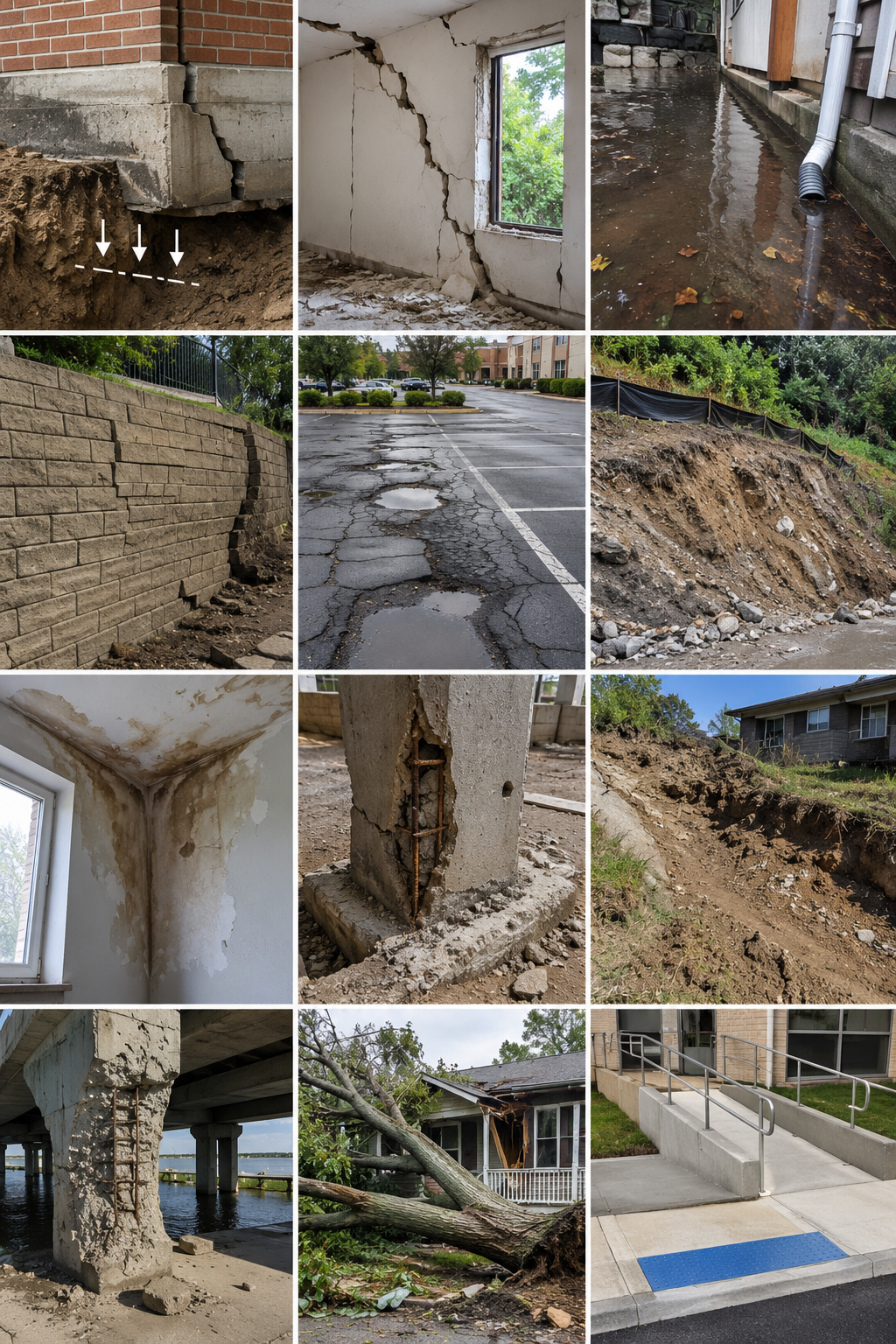 Collage of various structural damages: cracked foundation and walls, flooded areas, cracked pavement, eroded soil, moldy interior corner, damaged concrete column with rebar exposed, fallen tree on house, and a wheelchair accessible ramp.