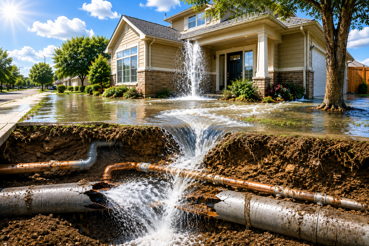 Flooded street with water spilling from a damaged pipe in front of a house, with water fountain and tree in a residential neighborhood.