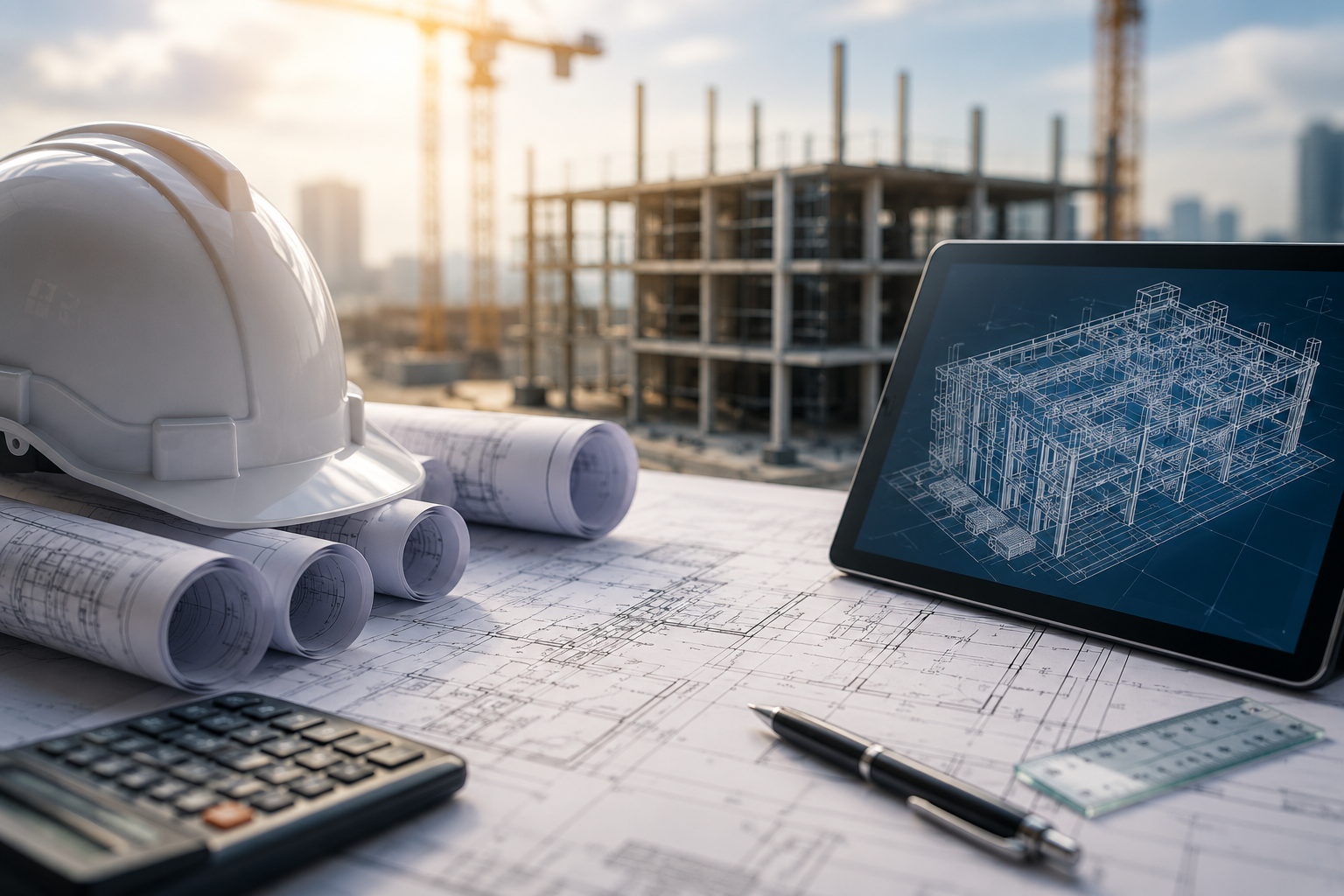 Construction site with blueprints, a white safety helmet, a calculator, a pen, and a ruler on a table. A building under construction and cranes are visible in the background.